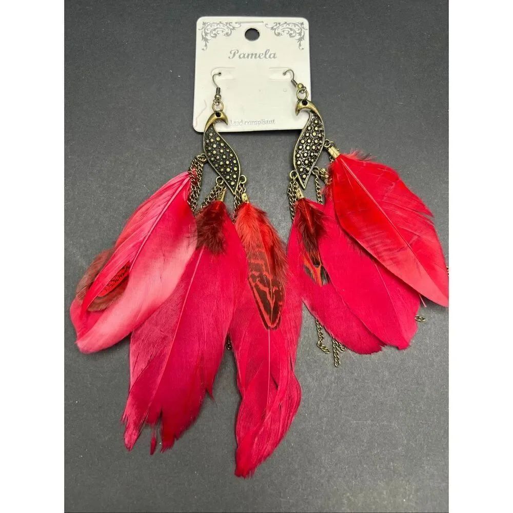 New! Pamela Bronze Tone Peacock Bright Red Feather Chain Dangle Accent Earrings